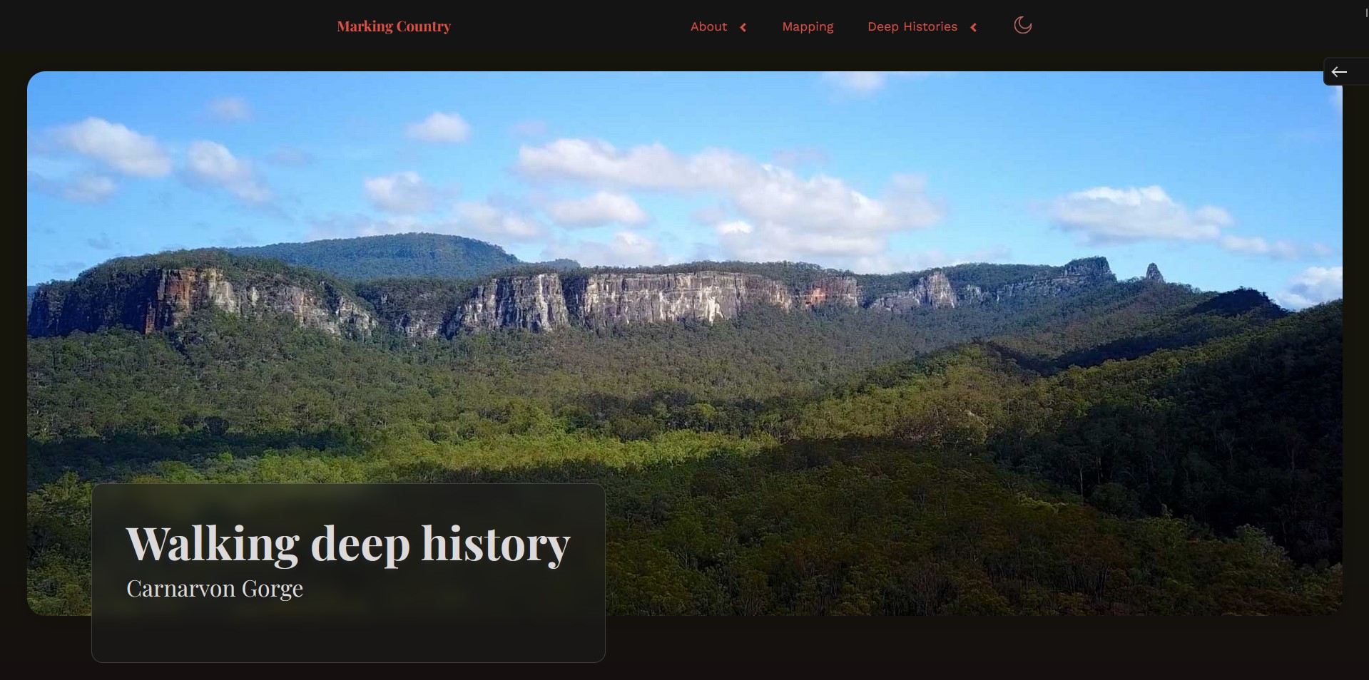 Carnarvon Gorge story header; beautiful drone video with glassmorphism underneath the heading