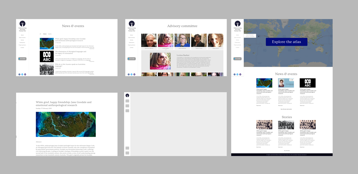 Five wireframes/half-mockups for the Atlas site